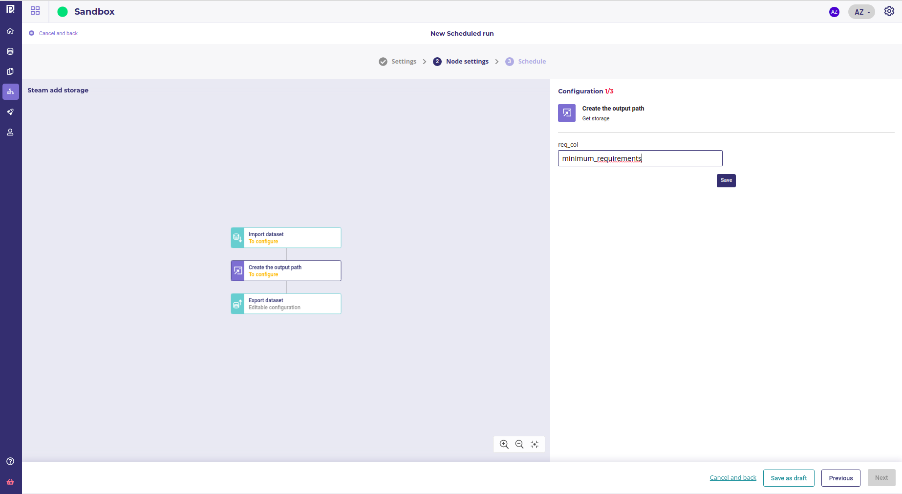 The main Scheduled run node settings